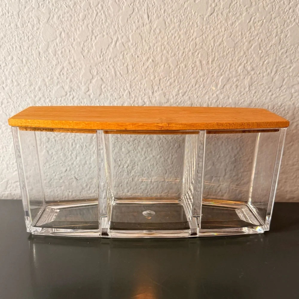 Acrylic make up organizer storage bin/box with bamboo lid 3 compartments new